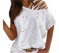 MQYXGS Women Blouse Love Print Crew Neck Shirt Short Sleeve Off Shoulder Tops Irregular Casual Loose T-Shirt Plus Size Tunic Tops Tee Shirt(White/18)