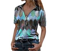 MQYXGS Women Blouse Print Short Sleeve Top Zipper V-Neck Shirt Loose Plus Size T-Shirt Casual Tunic Tops Tee Shirt(Blue 1/18)