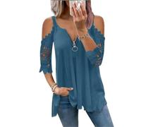 MQYXGS Women Blouse Summer Sexy Off Shoulder Top Womens Lace Half Sleeve Shirt V-Neck Zipper Tunic Loose Fit T-Shirt Elegant Tee Shirt(Blue/20)