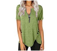 MQYXGS Women Blouse Zipper V-Neck Top Womens Short Sleeve Irregular Patchwork Shirt Button Decoration Loose Solid Color T-Shirt Tunic Tops Tee Shirt(Green/22)