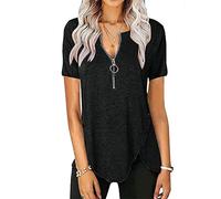 MQYXGS Women Blouse Zipper V-Neck Top Womens Short Sleeve Irregular Patchwork Shirt Button Decoration Loose Solid Color T-Shirt Tunic Tops Tee Shirt(Black/12)