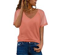 MQYXGS Women Shirt V-Neck Lace Patchwork Short Sleeve Tops Womens Plus Size Loose Fit T-Shirt Solid Color Blouses Tee Shirt Top(Pink/14)