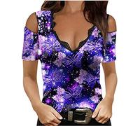 MQYXGS Women Tops Butterfly Print Short Sleeve Off Shoulder Blouse Lace V-Neck Sexy Slim Fit T-Shirt Elegant Basic Tunic Tops Tee Shirt(Purple/16)