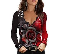 MQYXGS Women Tops Butterfly Print Short Sleeve Off Shoulder Blouse Lace V-Neck Sexy Slim Fit T-Shirt Elegant Basic Tunic Tops Tee Shirt(Red/14)