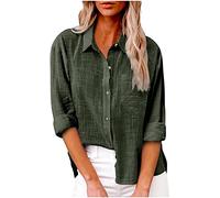 MQYXGS Women Tops Flax Lapel Button T-Shirt Summer Loose Plus Size Shirt Solid Color Comfy Tunic Tops Blouses Tee Shirt(Green/18)