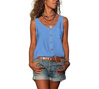 MQYXGS Women Tops Summer Fashion Camisole Womens Casual V-Neck Buttons Vest Solid Color Sleeveless Loose Tank Top Cami Shirt with Pocket(Blue/18)