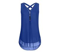 MQYXGS Women Zipper V-Neck Top Sleeveless Chiffon Shirt Plus Size Loose Vest T-Shirt Basic Solid Color Tank Top Tunic Tops Tee Shirt(Blue 1/8)