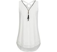 MQYXGS Women Zipper V-Neck Top Sleeveless Chiffon Shirt Plus Size Loose Vest T-Shirt Basic Solid Color Tank Top Tunic Tops Tee Shirt(White/22)