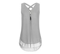 MQYXGS Women Zipper V-Neck Top Sleeveless Chiffon Shirt Plus Size Loose Vest T-Shirt Basic Solid Color Tank Top Tunic Tops Tee Shirt(Gray/8)