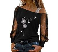 MQYXGS Womens Blouse Long Sleeve Shirt Diagonal Collar Sheer Casual Off The Shoulder Slim Fit Tops Dandelion Print T-Shirts Loose Tunic Top (B-Black/M)