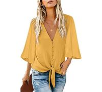 MQYXGS Womens Chiffon Blouse V-Neck Boho Print T-Shirt Womens Batwing Sleeve Loose Tie Knot Shirt Top Tee Shirt Tunic Tops(Yellow/16)