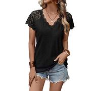 MQYXGS Womens Lace Shirt Short Sleeve V Neck Elegant Basic Top Blouse for Women Summer Plus Size Lace Trim Loose Cosy T Shirts Blouses Tunic Tops(Black/XXL)
