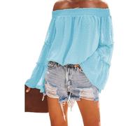 MQYXGS Womens Off The Shoulder Bell Sleeve Swiss Dot Tops Flared Casual Loose Blouse Solid Color Off Shoulder Long Sleeves Shirt Ruffles Chiffon T Shirt (I-Blue 1/M)