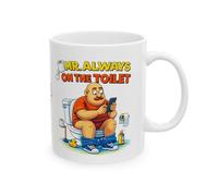Mr Always on the Toilet Funny Ceramic Coffee Mug, White, Glossy Finish, 11oz, Dad's Mug Design, Poo, Bog