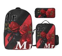 Mr and Mrs 3 Pieces Set Laptop Backpack Casual Daypack with Lunch Box Pencil Case for Travel