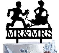 Mr and Mrs Cake Topper, Funny Wedding Cake Topper - The Groom is Chasing His Lovely Runaway Bride with Handcuffs, Funny Bride and Groom Cake Topper