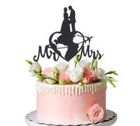 Mr and Mrs Cake Topper - Map Wedding Engagement Bridal Shower Cake Topper, Bride and Groom Anniversary Party Cake Decoration Black Glitter