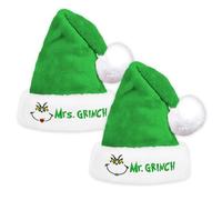 Mr and Mrs Christmas Hats for Couples, 2 Pack Green Cartoon Matching Santa Hats for Women Men, His and Hers Holiday Hat for Newlyweds Friends Family, Velvet Winter Head Wear Xmas Stocking Stuffers