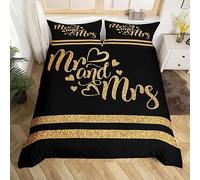 Mr and Mrs Duvet Cover Set King Size, Gold Glitter Comforter Cover with 2 Pillowcases, Sparkling Hearts Stripes Bedding Set 3pcs for Lovers Couples Adults Room Decor Romantic Bedspread Cover