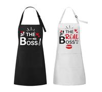 Mr and Mrs Gifts Couple Aprons Set of 2 - Funny Matching Bib Aprons with Pockets for Wedding Anniversary Engagement Present - Adjustable Cotton Blend Cooking Chef Pinnies for Men Women - The Boss