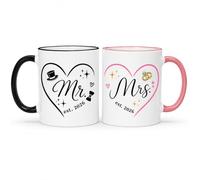 Mr and Mrs Gifts Mug Set, 2026 Est. Wedding Gift for Couples, Ceramic Coffee Cup Pair, His and Hers Gifts Black & Pink Engagement Anniversary Present
