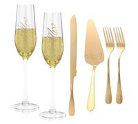 Mr and Mrs Glass Champagne Flutes, Stainless Steel Wedding Cake Knife and Server Set, Symbolic Engravings, Gold Cake Cutting Utensils for Bridal Shower Engagements Anniversaries(Golden,6PCS)
