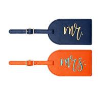 Mr and Mrs Luggage Tags for Suitcases, 2 Pack Embroidered Couple Travel Tags, PU Leather Bag Tags for Wedding Gift, Honeymoon Travel Accessories, Newlywed Gifts (Navy Blue & Coral Orange)