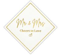 Mr and Mrs Wedding Napkins, Elegant Gold Foil White Paper Cocktail Napkin, Disposable Decorations for Weddings, Receptions, Bridal Showers, Bar, 50 Pack