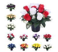 Mr. Barry’s Rose Artificial Flowers in Grave Flower Pots - UV-Resistant, Realistic, Long-Lasting Design for Cemetery, Grave Displays, Home & Garden Memorial Arrangements (Red & White)