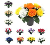 Mr. Barry’s Rose Artificial Flowers in Grave Flower Pots - UV-Resistant, Realistic, Long-Lasting Design for Cemetery, Grave Displays, Home & Garden Memorial Arrangements (Ivory Orange Yellow)
