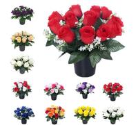 Mr. Barry’s Rose Artificial Flowers in Grave Flower Pots - UV-Resistant, Realistic, Long-Lasting Design for Cemetery, Grave Displays, Memorial Tributes, Home & Garden Floral Arrangements (Red)