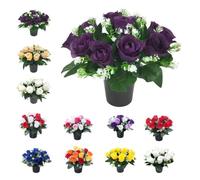 Mr. Barry’s Rose Artificial Flowers in Grave Flower Pots - UV-Resistant, Realistic & Long-Lasting Memorial Display for Cemetery, Grave Decorations, Funerals, Home & Garden Arrangements (Purple)