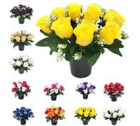 Mr. Barry’s Yellow Rose Artificial Flowers in Grave Flower Pots - UV-Resistant, Realistic, Long-Lasting Design for Cemetery, Grave Displays, Home & Garden Memorial Arrangements (Yellow Rose)