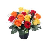 Mr. Barry's artificial grave flower pot with foam insert | realistic funeral flowers | cemetery & memorial floral decorations for graveside use | yellow, orange & red roses