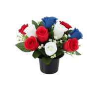 Mr. Barry's artificial grave flower pot with foam insert | realistic funeral flowers | cemetery & memorial floral decorations for graveside use | Red White & Blue Roses