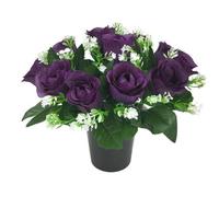 Mr. Barry's artificial grave flower pot with foam insert | realistic funeral flowers | cemetery & memorial floral decorations for graveside use | Purple Roses