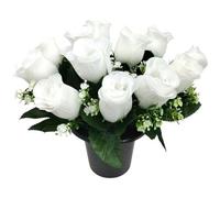 Mr. Barry's artificial grave flower pot with foam insert | realistic funeral flowers | cemetery & memorial floral decorations for graveside use | White Roses
