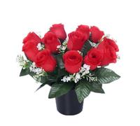 Mr. Barry's artificial grave flower pot with foam insert | realistic funeral flowers | cemetery & memorial floral decorations for graveside use | red roses