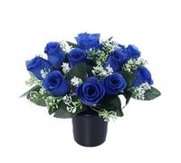Mr. Barry's artificial grave flower pot with foam insert | realistic funeral flowers | cemetery & memorial floral decorations for graveside use | blue roses
