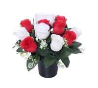 Mr. Barry's artificial grave flower pot with foam insert | realistic funeral flowers | cemetery & memorial floral decorations for graveside use | Red & White Roses