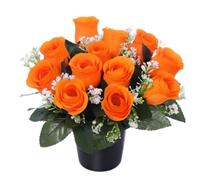 Mr. Barry's artificial grave flower pot with foam insert | realistic funeral flowers | cemetery & memorial floral decorations for graveside use | Orange Roses