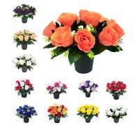 Mr. Barry's Beautiful Orange Rose Artificial Flowers in Grave Flower Pots - UV Resistant, Realistic, Long-Lasting Design for Cemetery Decorations, Grave Displays, Memorial Arrangement (Orange)