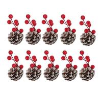 Mr Crimbo 10 Pack Snowy Pine Cone Christmas Decorations with Red Berries - Rustic Artificial Pine Cones with Wire for Trees, Garlands, Wreaths, Tables & Crafts - Winter Woodland Theme