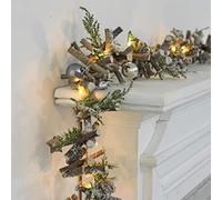 Mr Crimbo 100cm Pre-Lit Christmas Wooden Garland Decoration 10 LED Lights Rustic Grey Sticks Pine Cones Silver Baubles White Stars Mantlepiece Xmas Battery Operated