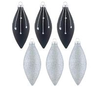 Mr Crimbo 6 Pack Christmas Tree Baubles Long Glass Decorations 13cm Silver/Black