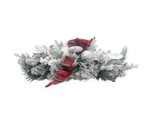 Mr Crimbo Christmas Table Centrepiece, 80cm Snow-Kissed Pine, Larch & Fir with Red Tartan Ribbon, Baubles & Snowberries, 3 Candle Holders, Festive Decor