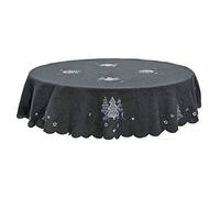 Mr Crimbo Christmas Tablecloth Dark Grey Fabric Luxury Silver Embroidered Trees - 70" Round