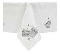 Mr Crimbo Christmas Tablecloth White Polyester Fabric Silver Embroidered Presents - 52 x 90