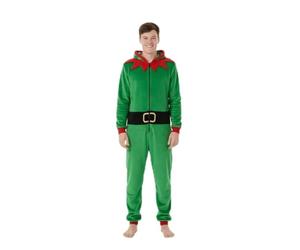 Mr Crimbo Men’s Elf Onesie Medium - Christmas Fleece All-in-One Pyjamas for Adults with Zip & Hood - Festive Elf Costume Loungewear Sleepwear - Novelty Xmas Suit for Winter, Gifting & Jumper Day Fun