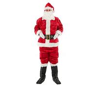 Mr Crimbo Professional Santa Suit Costume - 8 Piece Deluxe Father Christmas Outfit with Beard, Glasses, Belt, Hat & Boot Covers - Red Velour Grotto Fancy Dress - One Size or Plus Size Options